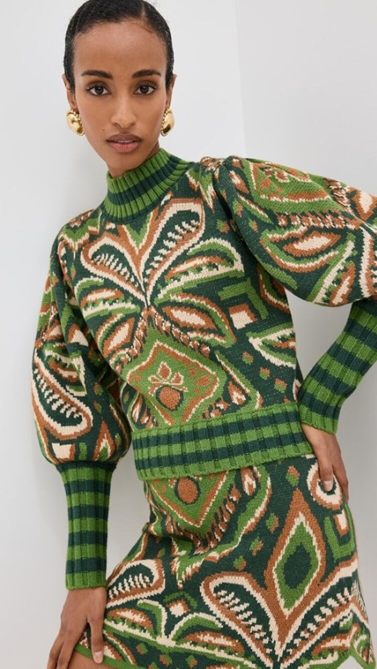 NWT Farm Rio Pineapple Ikat Green Knit Sweater Mock Neck Long Sleeve Size Medium